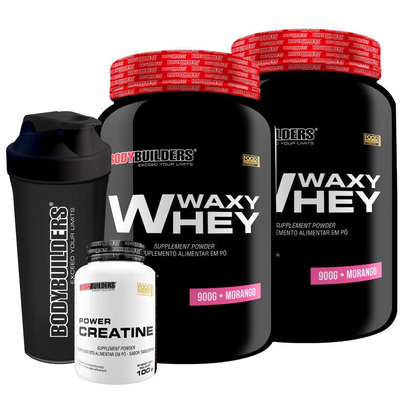 KIT 2x Whey Protein Waxy Whey Pote 900g + Power Creatina 100g + Coqueteleira Para Maximizar o Crescimento Muscular Bodybuilders