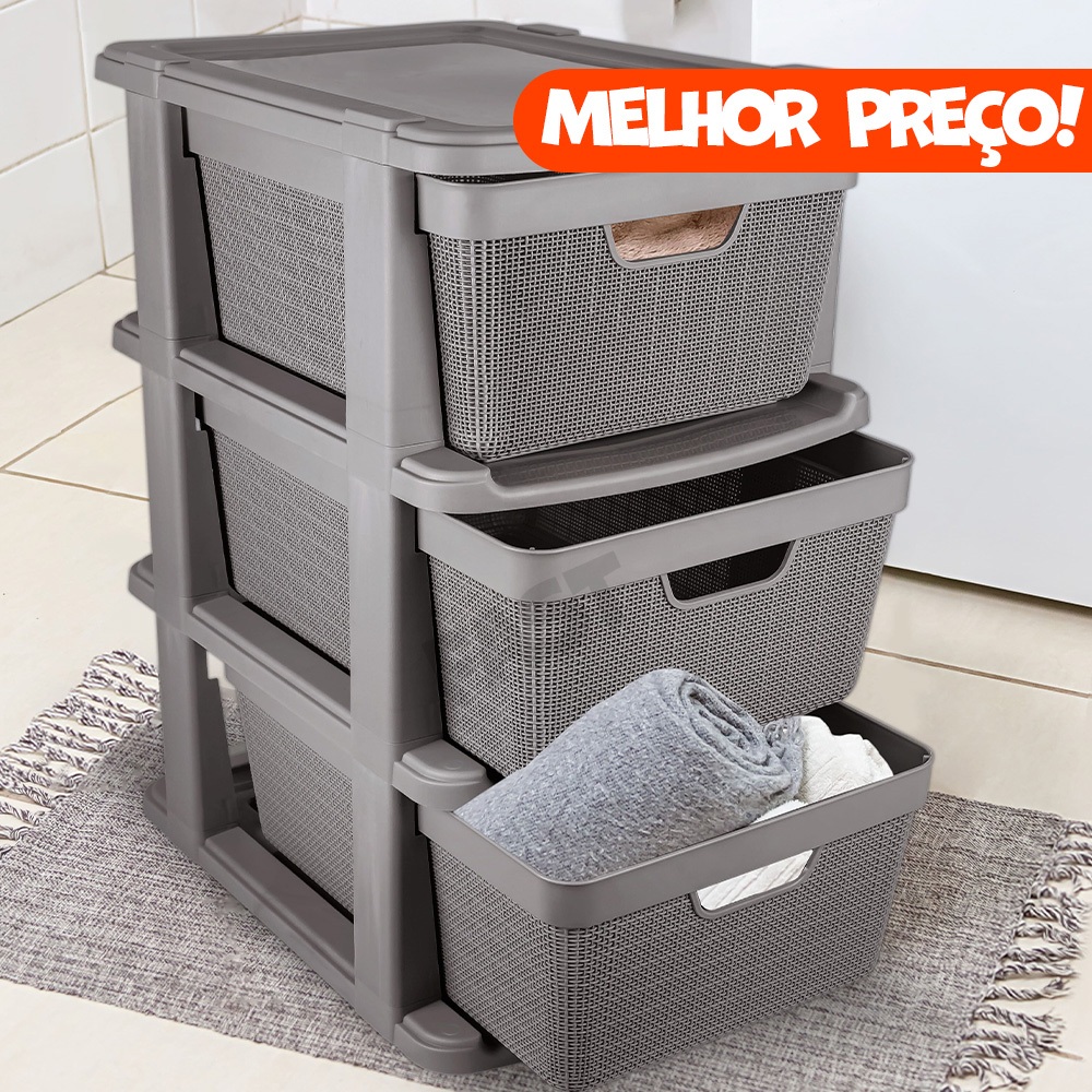 Gaveteiro Escrivaninha Grande 3 Gavetas 15L ou 22L Modelo Juta Moderno Resistente Tramado Rattan Multiuso Doméstico Casa Cozinha Organiza Armário Escritório Porta Documentos Cobertas Lavabo Utilidades Organizador de Roupa - ENVIO IMEADIATO