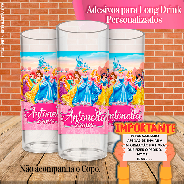 Adesivos Personalizados para Copo Long Drink Princesas Disney | Shopee ...