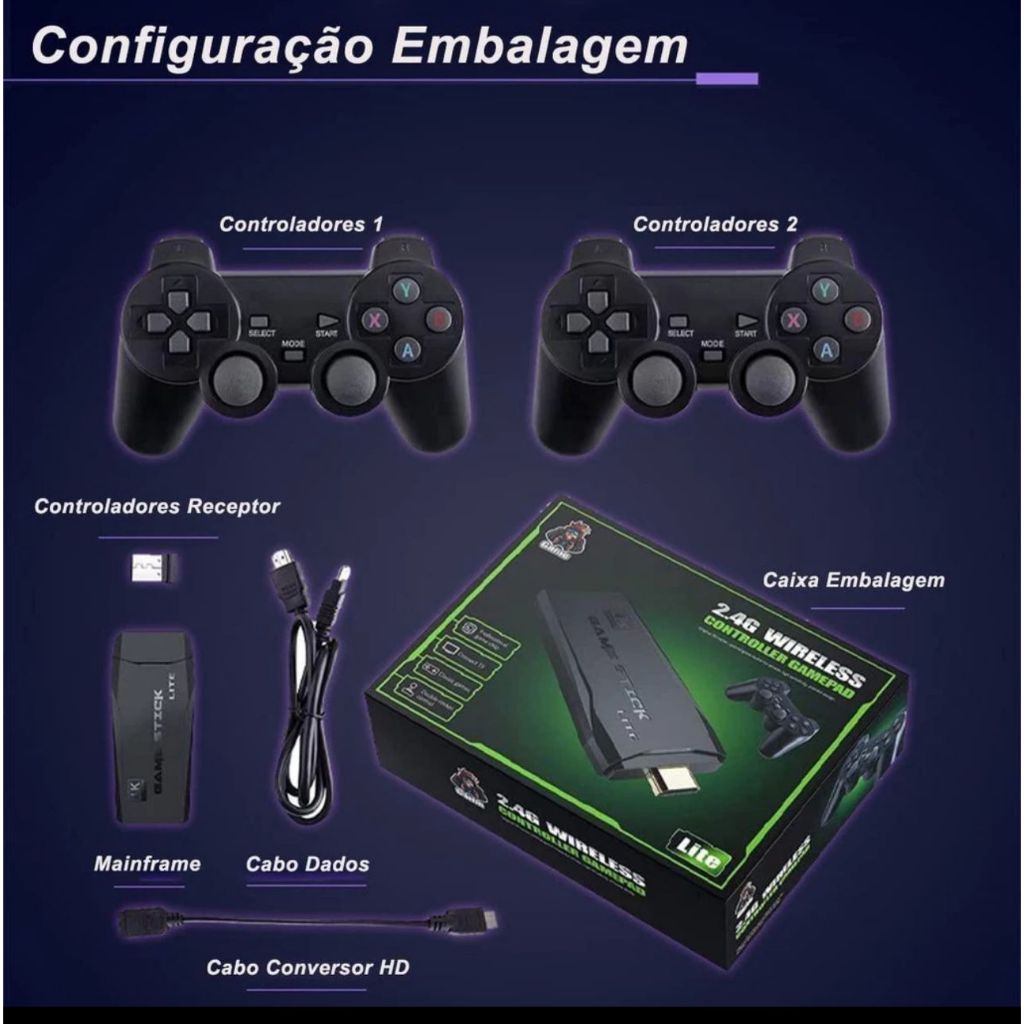 Videogame Stick 10mil 2 Controles Sem Fio Console Original Portatil Jogos Retro Antigo Marisa Videogame Stick 10mil 2 Controles Sem Fio Console Original Portatil Jogos Retro Antigo