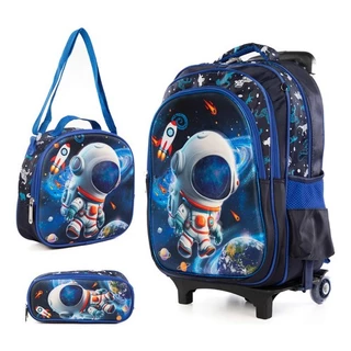 Kit Mochila Lancheira Térmica Estojo Infantil Astronauta Carro Masculina com desenho 3D Pisca pisca com rodinha volta as aulas promoção