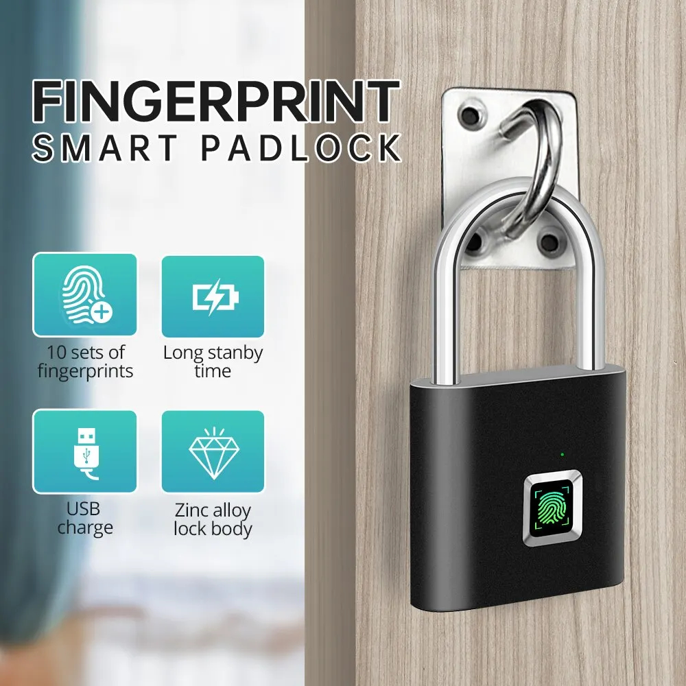 Cadeado inteligente, Carregamento USB, Fechadura de impressão digital, Cadeado Anti-Roubo portátil, Bloqueio da porta impermeável, 0.2sec Desbloqueio