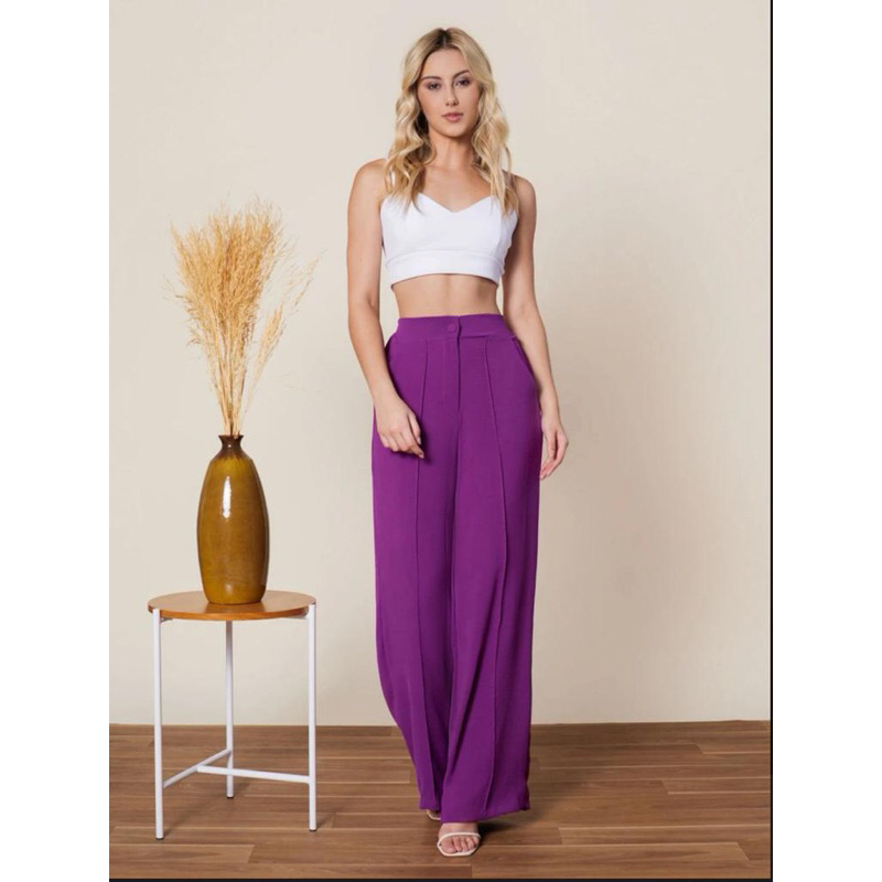 Calça Feminina Pantalona Wide Leg Duna com Forro Botão Cintura Alta