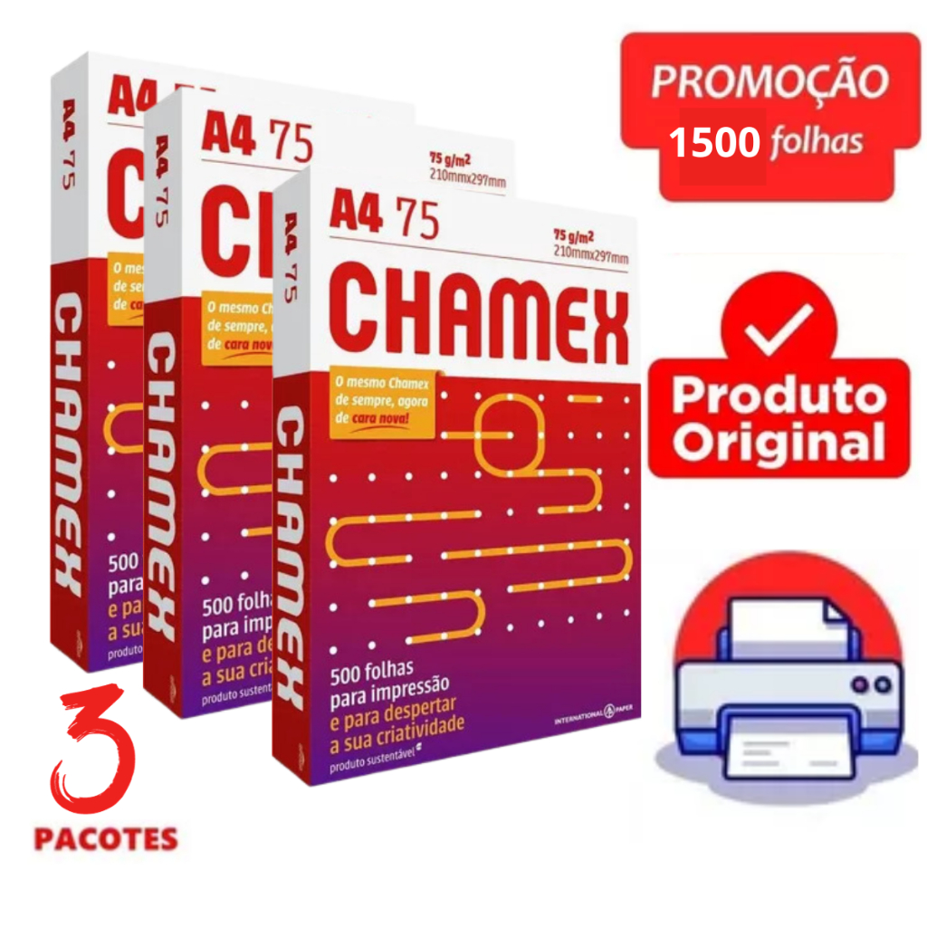 Kit 3 Pacotes Papel Ofício A4 Folha Sulfite Chamex 75g com Resma 500 Folhas