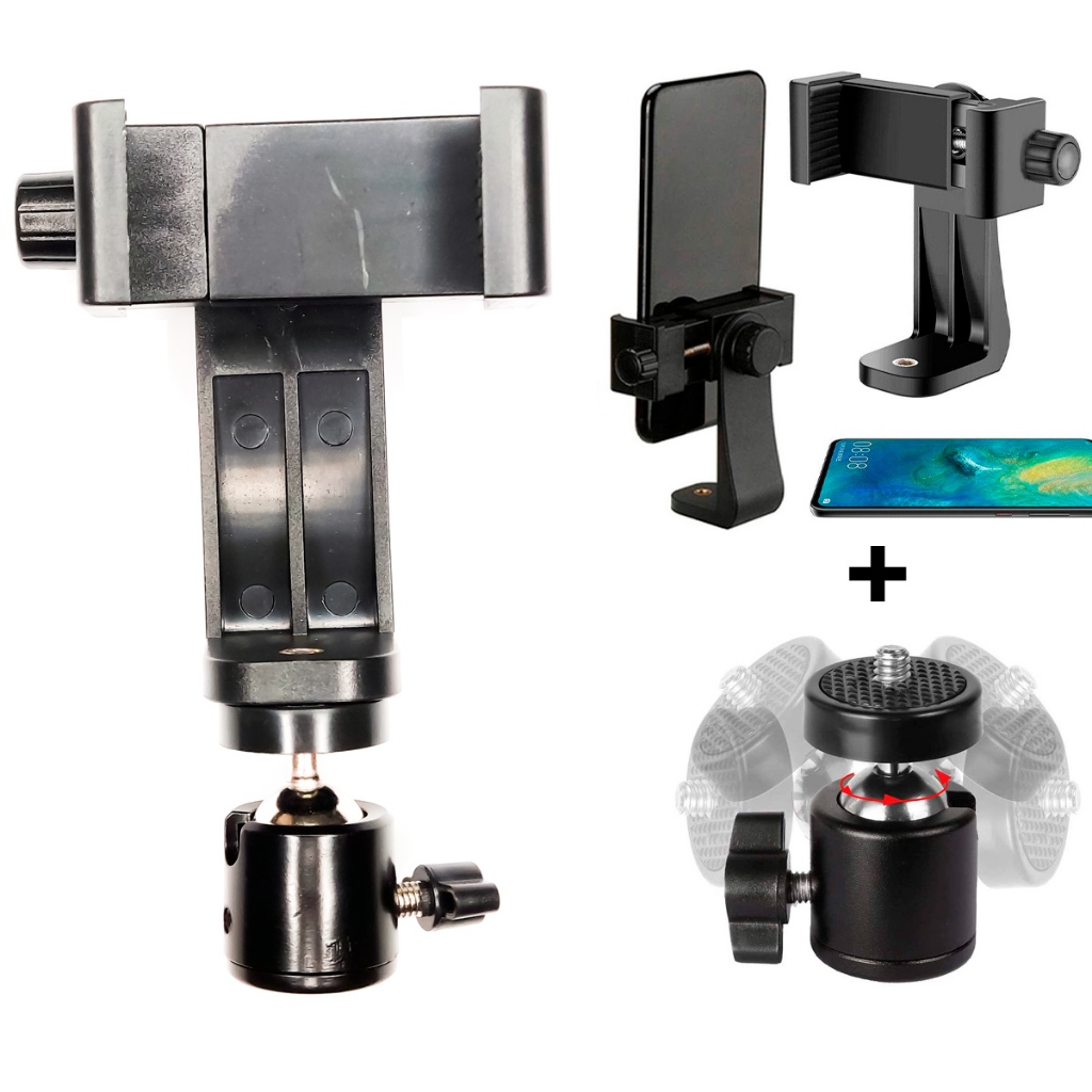 Kit Cabeça articulada para Tripé Ball Head + Suporte Para Celular 360º Rosca 1/4