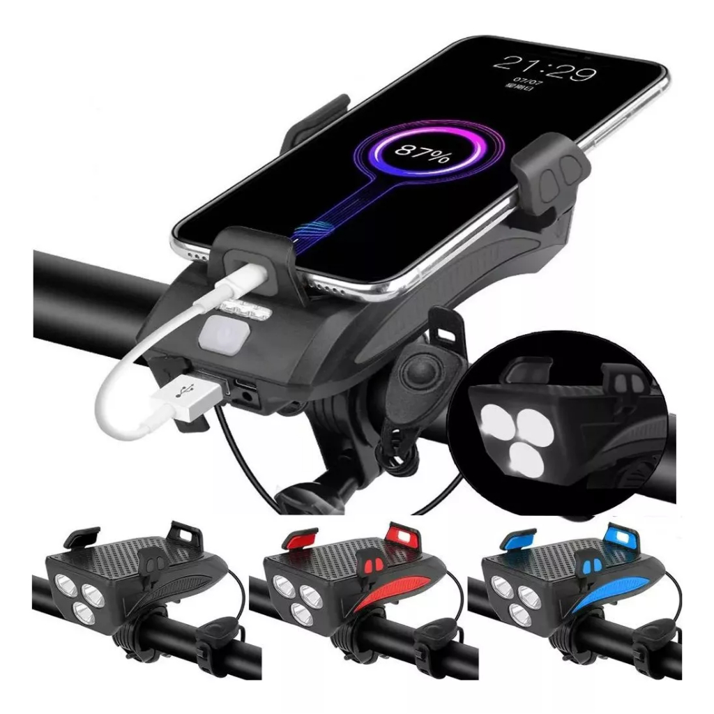 Farol Bike Duplo 4 Em 1 Buzina Suporte Celular Power Bank