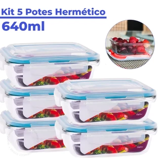 Kit 5 Pote de Vidro Hermético Retangular 640 ml Marmita Microondas
