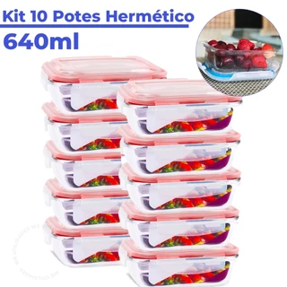 Kit 10 Pote de Vidro Hermético Retangular 640 ml Marmita Microondas