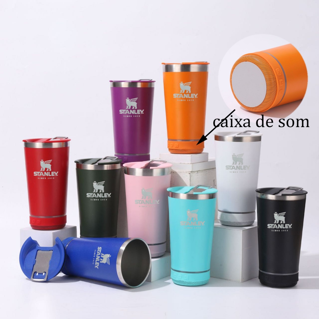 420ML Copo Stanley térmico inox com tampa abridor e caixa de som com  bluetooth Led - Escorrega o Preço