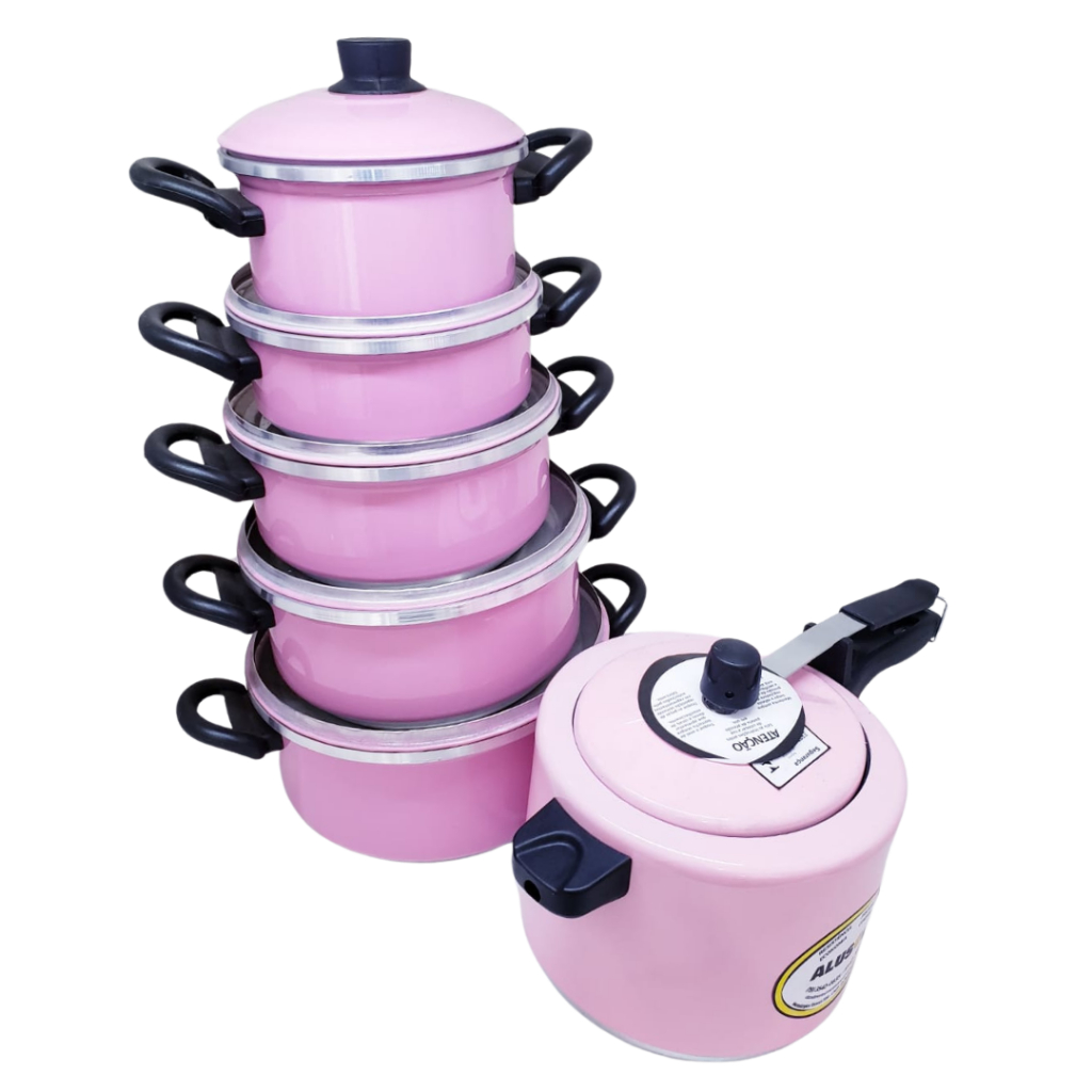 Jogo De Panelas Rosa Extra Forte 6 Peças Com Panela De Pressão | Shopee ...