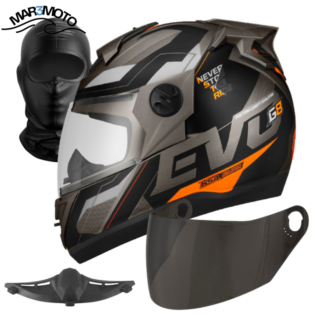 Capacete Evolution G8 788 Robocop Pro Tork Evo Fechado + Narigueira + Viseira Fumê + Balaclava