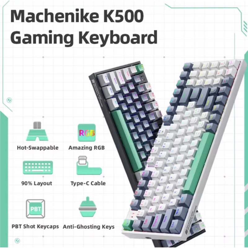 Machenike-K500 Teclado mecânico com fio, Hot Swappable, 94 teclas, luz RGB, Mac, Windows