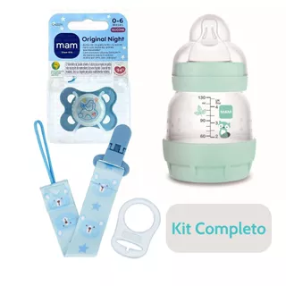 Kit Meninos Mamadeira MAM Chupeta Prendedor MAM 130ml Anticólica Chupeta MAM 0-6 meses + Prendedor Buba Azul Bebê Recém Nascidos