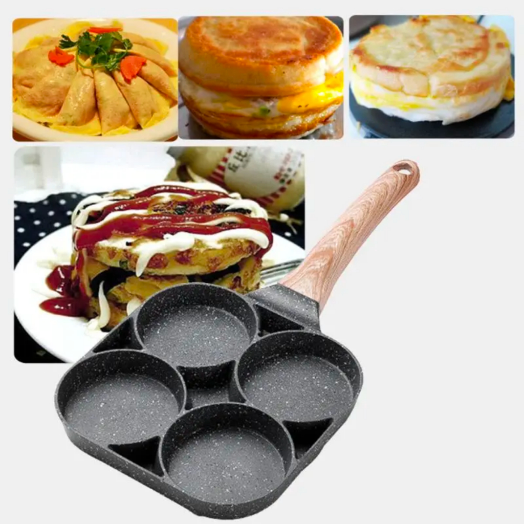 Frigideira 4 Partes Multiuso Com Divisórias Antiaderente Omeleteira Cabo Madeira Panquequeira Resistente Multifuncional Cozimento Hambúrguer Panqueca Omelete Ovo Bacon Café Da Manhã Gourmet Fritadeira Sem Óleo Não Gruda Indução Gás Elétrico Ergonômica