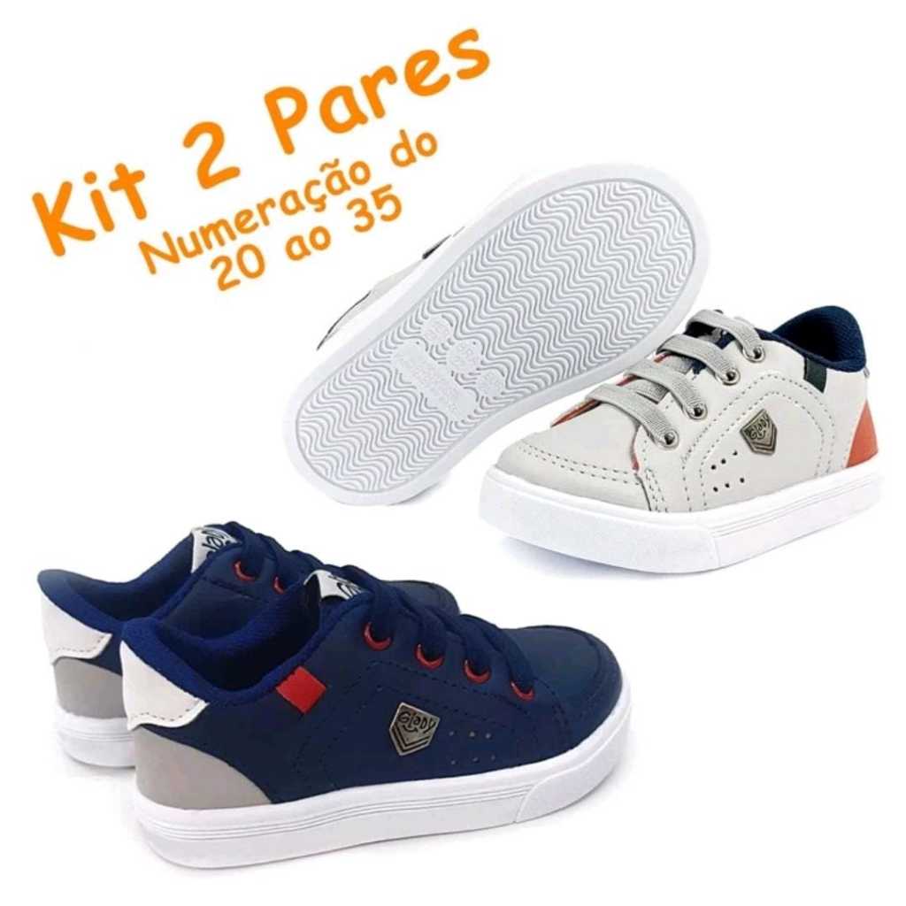 Tênis Volta Aulas Menino Infantil Masculino Marinho Cinza Iate Moda Casual Estiloso Super Confortável do 20 ao 35 - Kit 2 Pares