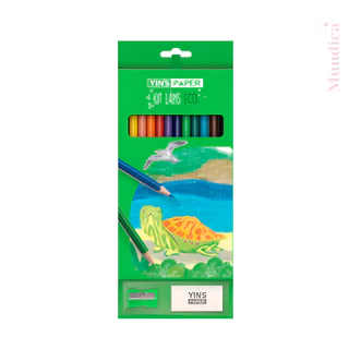kit Lápis De Cor 12 Cores Eco + 2 Lápis Grafite + Borracha e Apontador - Yins Paper