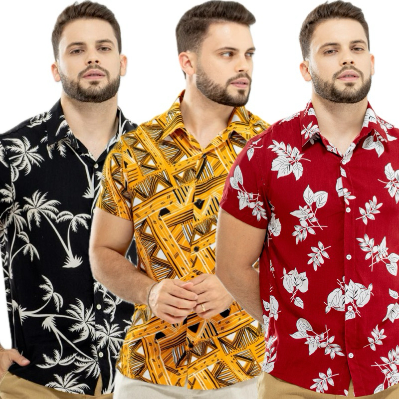 camisa masculina estampada em VISCOSE manga curta de botão - blusa estampada masculina