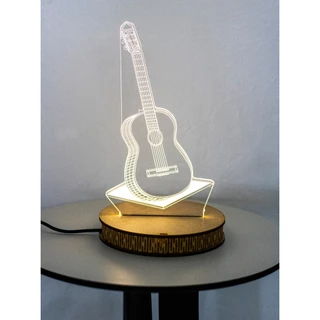 Luminária Led 3D Personalizada, Base de Madeira, Violão, Guitarra, Presente
