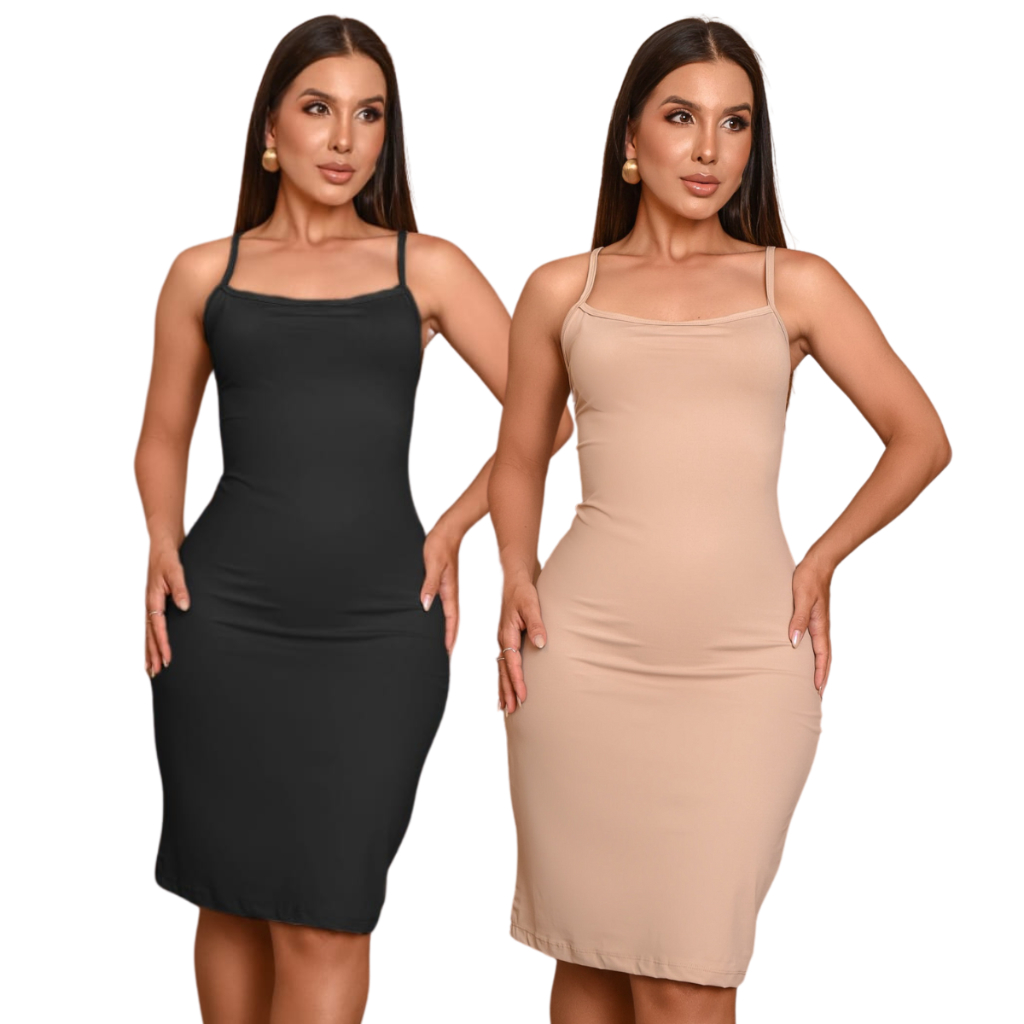 Kit 2 Vestido Midi Segunda Pele Anagua Tubinho Combinação Preto e Bege ...
