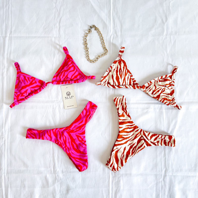 Biquíni Animal Print Cortininha Zebra+ Calcinha Asa Delta (Rosa/Marrom)