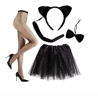 Kit 5 Pçs Gatinha Preta Tiara Gravata Saia Meia Fantasia Hallowen Carnaval Gatinho