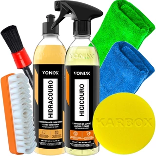 Kit Completo Hidratação de Couro Limpeza de Couro Higicouro Hidracouro Vonixx Escova Pincel 2 Toalhas Pano e Aplicador