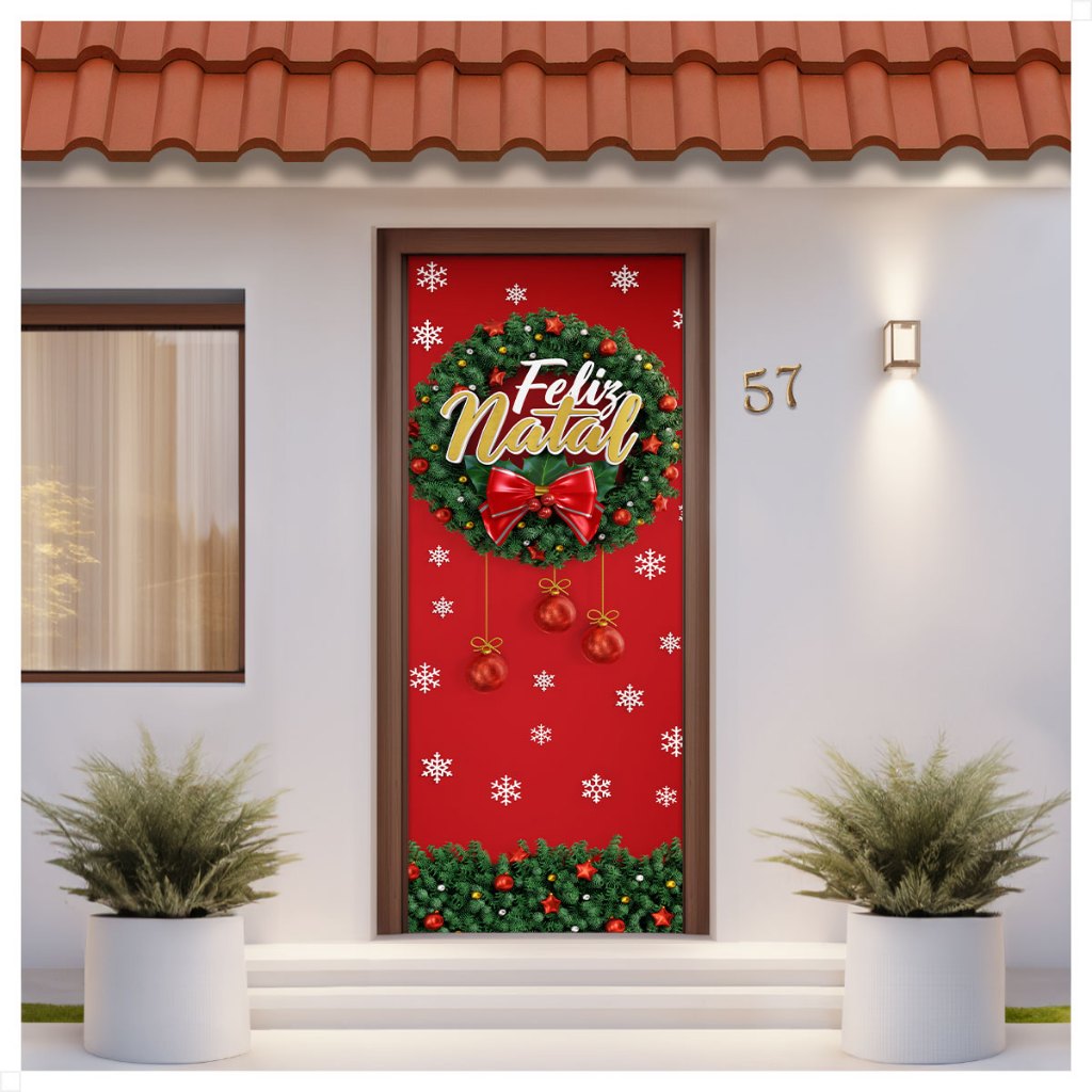 Painel Retangular Festa Feliz Natal Guirlanda Porta Decorativo Tecido 0,85x2,10m - ANV-2881