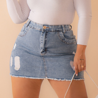 Saia Jeans Feminina Plus Size Barra Desfiada