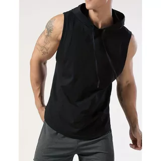 Camiseta Regata com capuz e cordão Malha 100% Algodão Fio 30