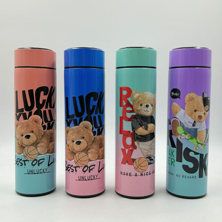 Garrafa Térmica Em Aço Inox Com Termômetro Digital 500ml Led Desenhos Ursos Fofa Infantil