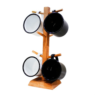 Kit 4 Caneca Esmaltado Retro Café Chá Bebida Com Suporte Madeira Rustico