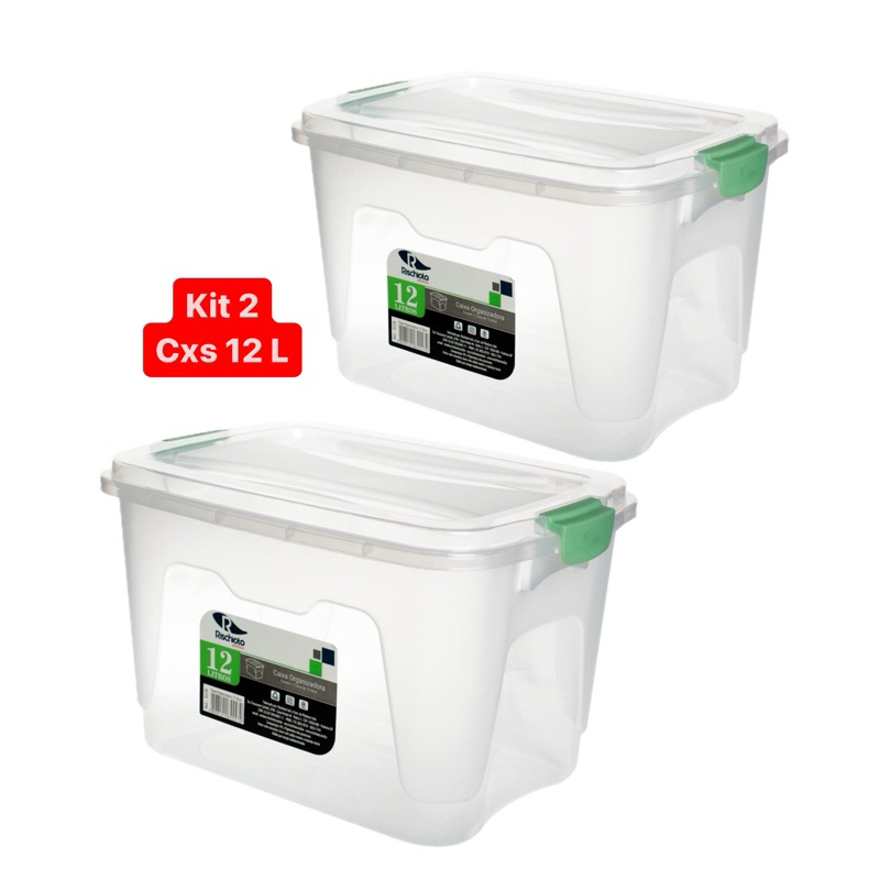 Kit com 2 Caixas Organizadoras Transparente Com Trava 12L Resistente Pratica