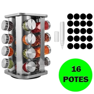 Porta Tempero 16 Potes QD Condimento Inox Suporte Giratório Decoração Imports + Caneta e Etiqueta