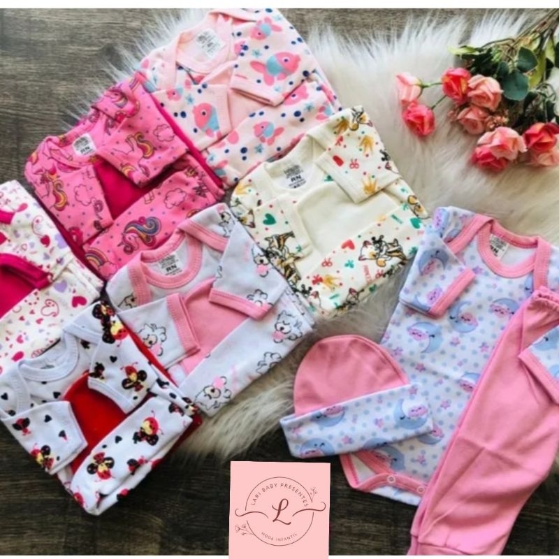 Kit enxoval 10 peças de roupa menina RN,P,M ou G 100% algodão body+calça+touca - roupa para bebê feminina