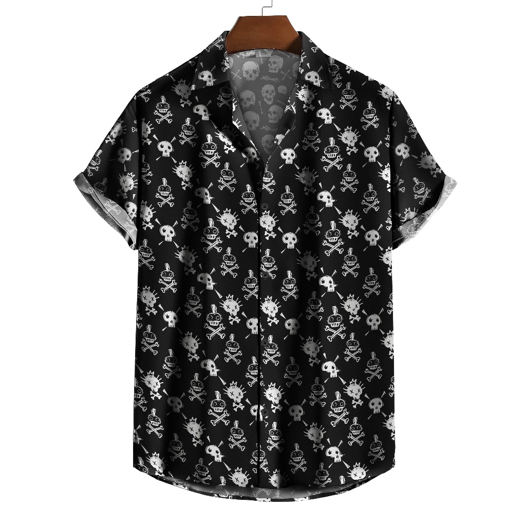Camisa de botão preta rock and roll caveiras brancas skull