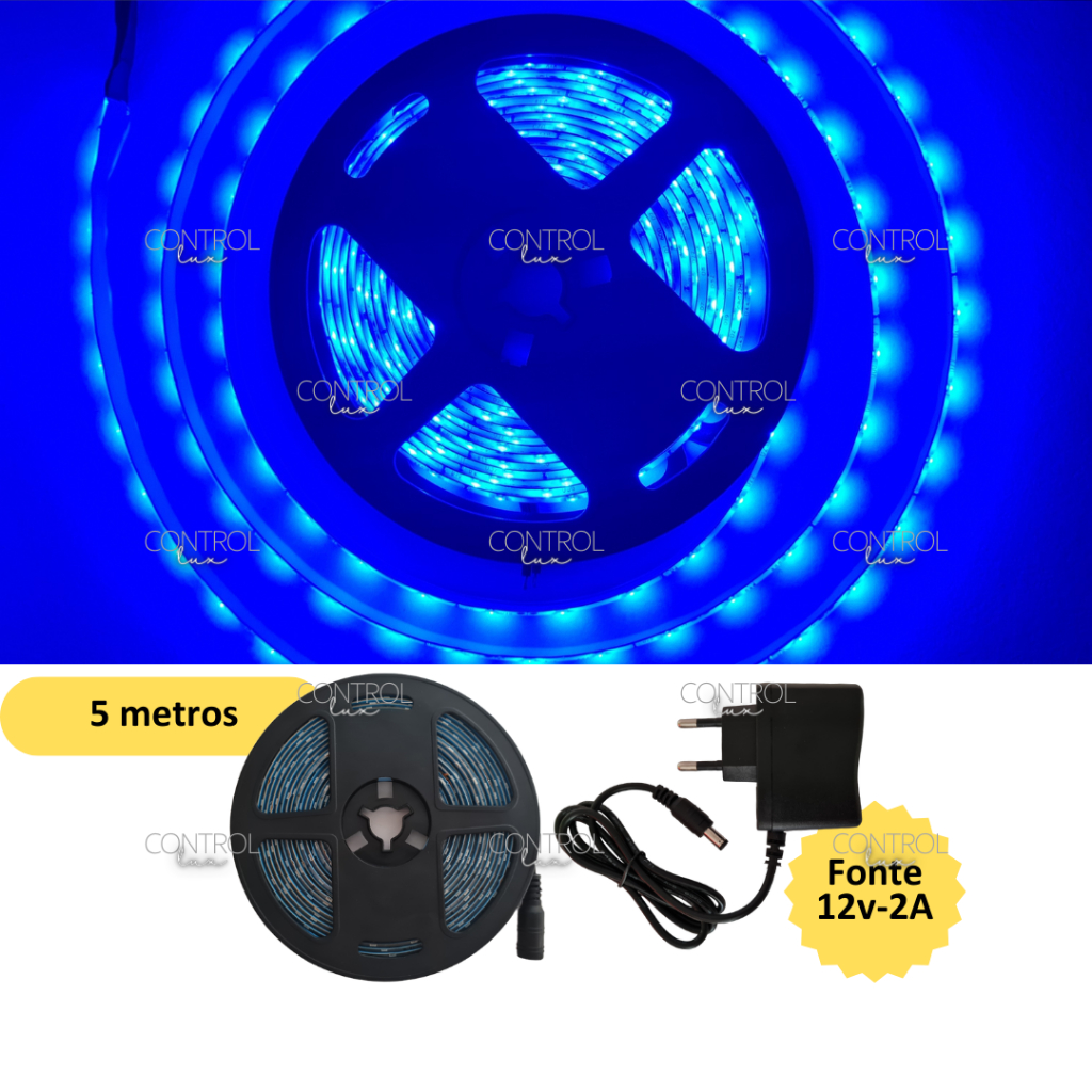 Fita Led Azul 3528 Com Silicone 12v 60LED/m 5 Metros + Fonte 12v Bivolt