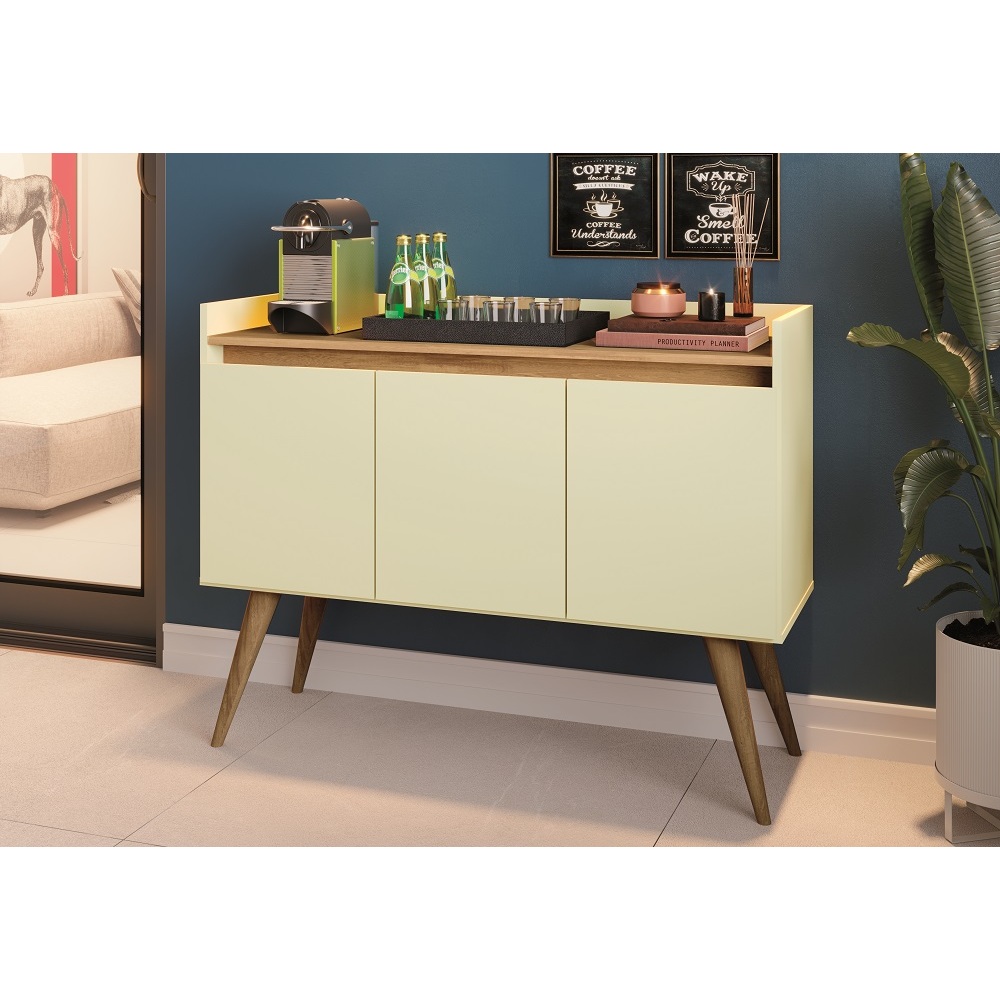 Aparador 3 portas para sala decoração de casa pés madeira multiuso lyon off White com mel