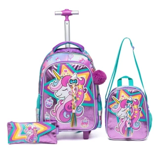 Kit Mochila Escolar Feminina Reforçada Lancheira Estojo Passeio Uniornio