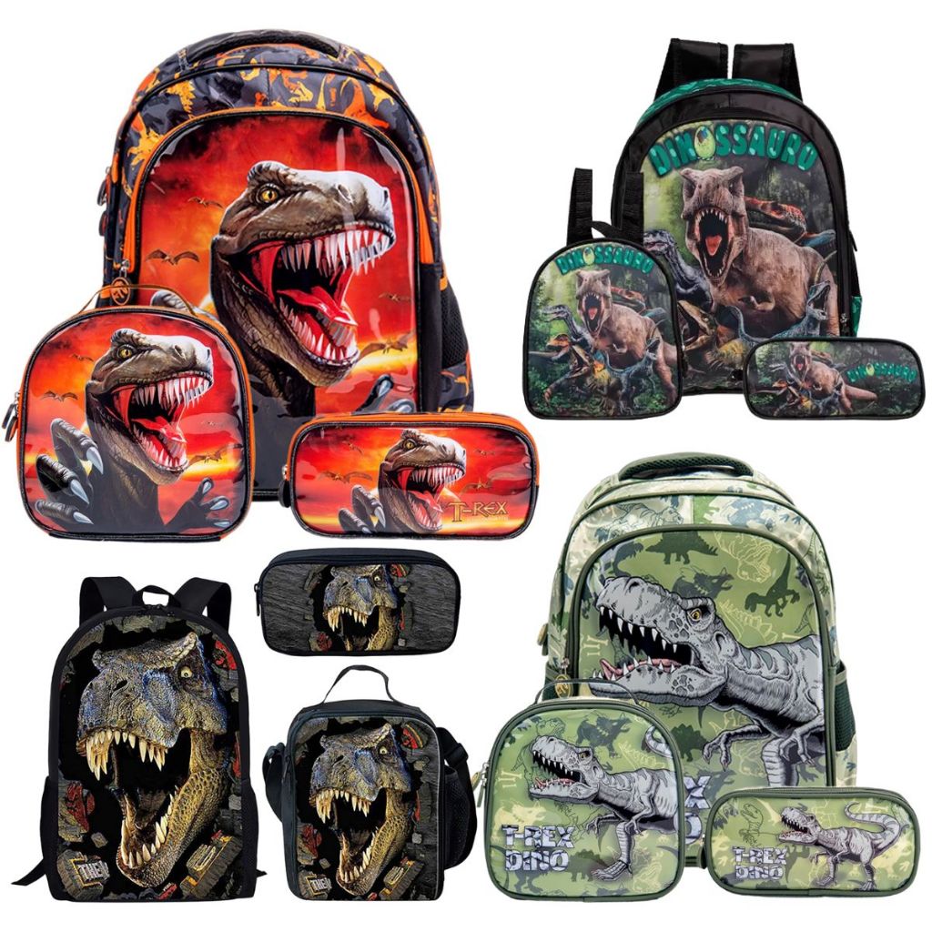 Kit Escolar Mochila Voltas Aulas Masculino 3D Premium Menino Dinossauro