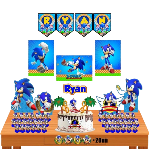 Kit Festa Tema Sonic Decoração Completa 80 Pçs Personalizado Com Nome