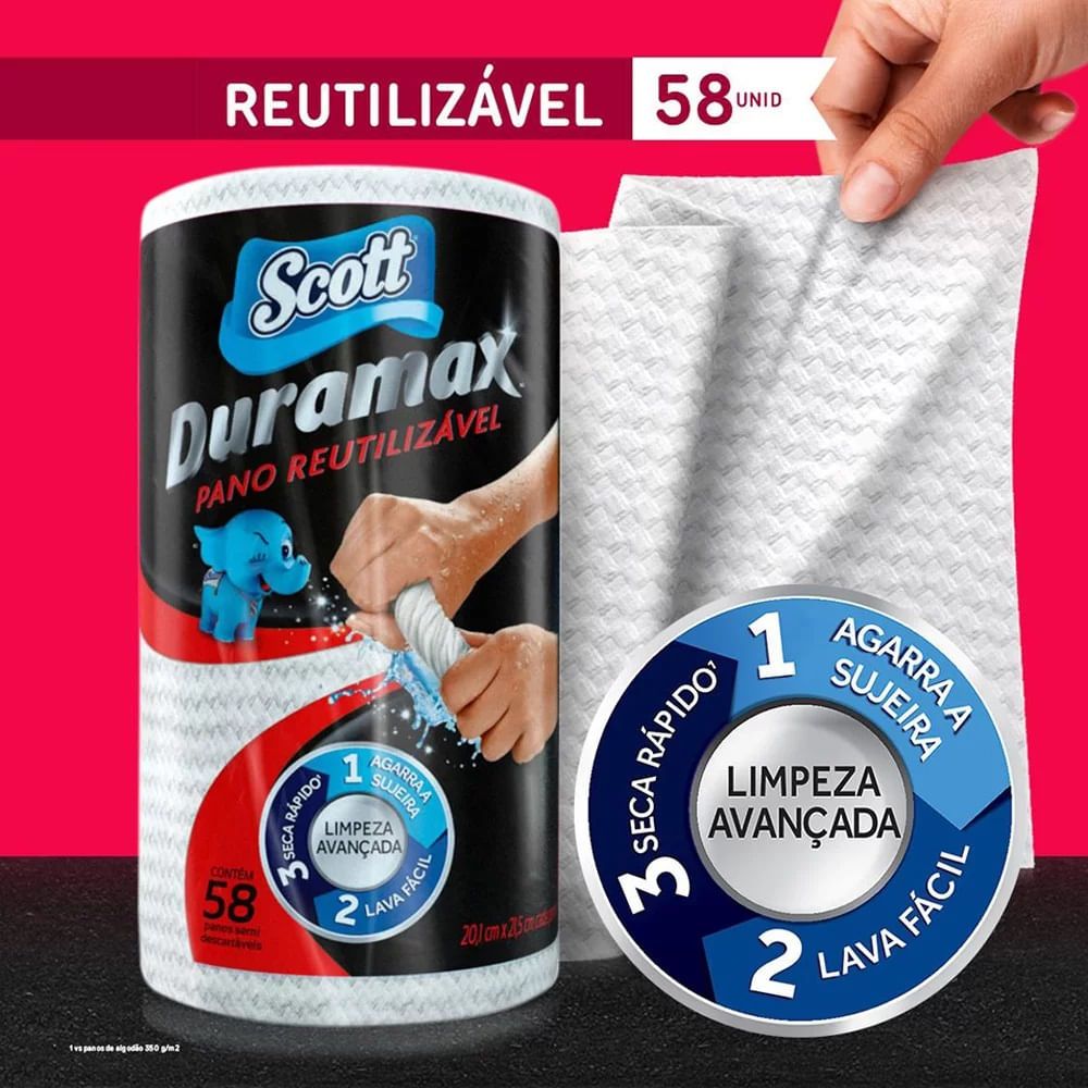 Pano em Rolo Multiuso Reutilizável Branco C/58 Unidades Scott Duramax