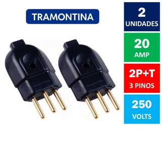 Kit Com 2x Plugue Macho 3 Pinos 20A 250V Preto Tramontina ( Tomada Macho 2P+T Tipo Grosso )