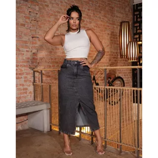 Saia Midi Jeans Premium Preta Longa