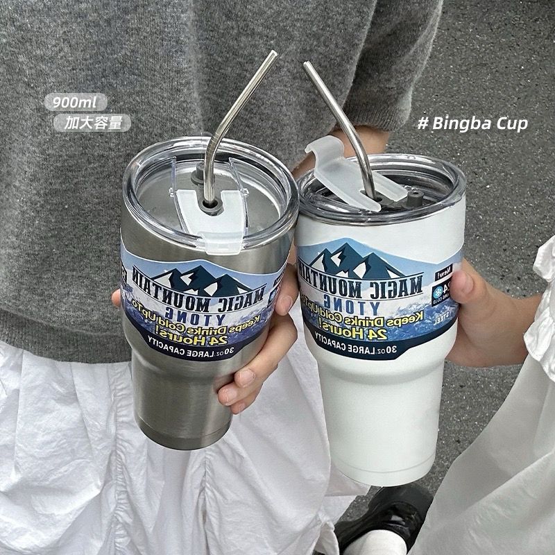 Copo Térmico Aço Inoxidável 304 900ML Camada Dupla Cerveja Café Chá Chopp C/ Tampa E Canudo