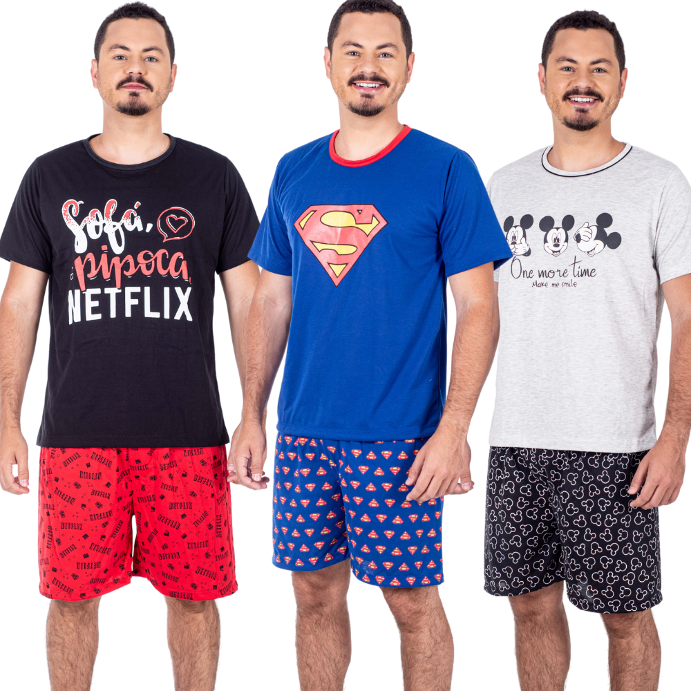 Pijama Adulto Masculino Verão Curto Netflix/ Pijama Masculino Curto Estampado/ Pijama Masculino Adulto Desenhos Séries Divertido