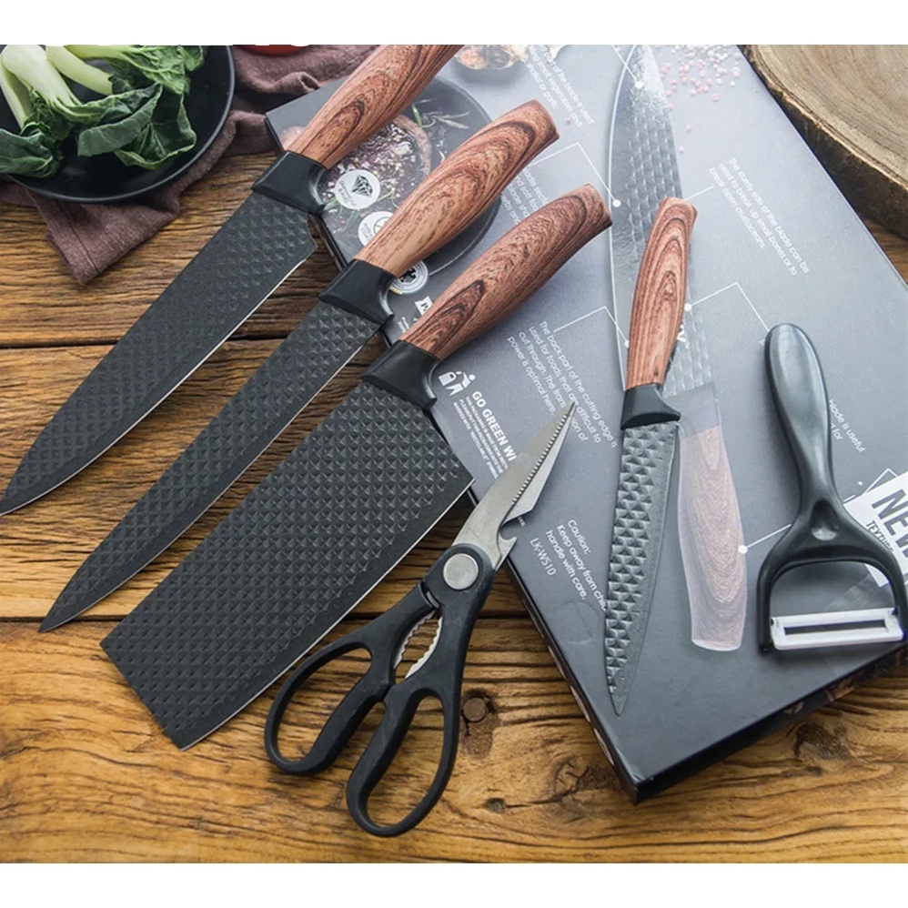 Kit 6 Peças Conjunto de Faca Profissional Carne Cutelo Legumes Aço Carbono Descascador Tesoura