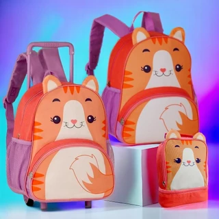 Mochila Infantil de Rodinha Com Alça de Costas e Lancheira Térmica Gatinho - Monte seu Kit