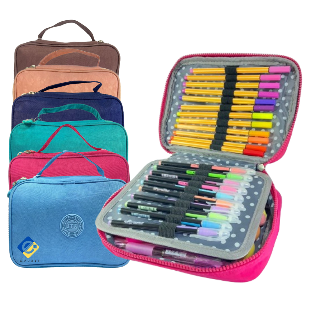 Estojo Box 100 Pens com 32 Elásticos / Estojo Escolar Grande Com Alça e Divisórias Capacidade até 100 Lápis ou Canetas