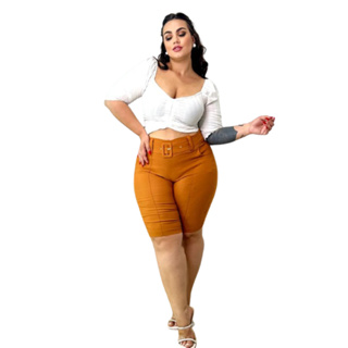 Bermuda Feminina Plus Size Com Cinto Cintura Alta Bengaline
