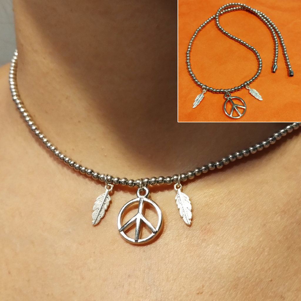 Colar Choker Miçangas Amuleto Símbolo da Paz Hippie Verão - Com ou Sem Penas